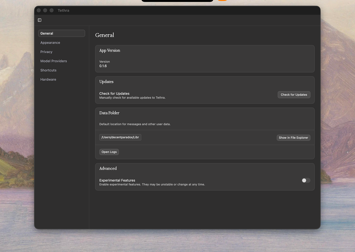 Tethra application settings screen